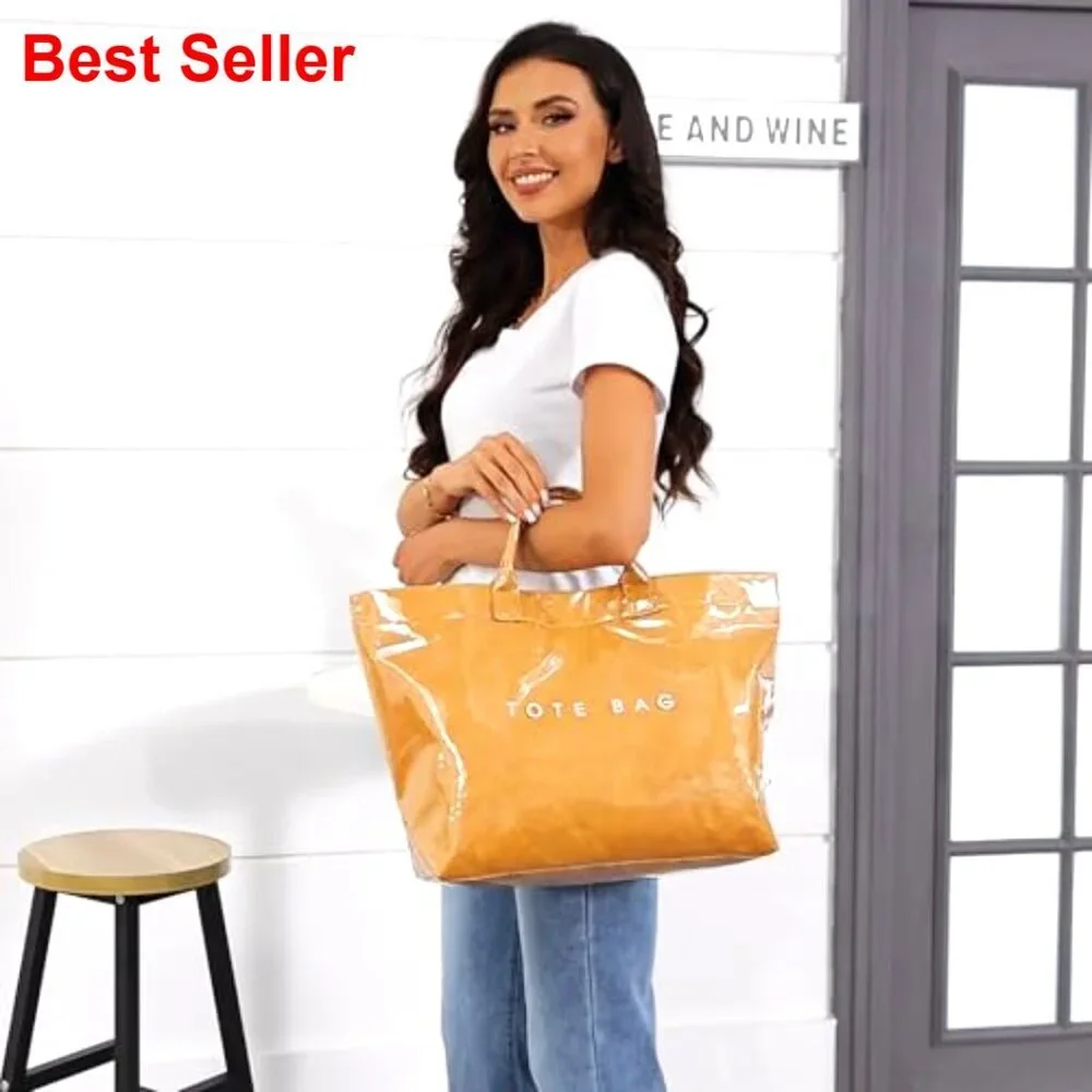 Large PVC Tote Bag with Letters Print, Clear Paper Shoulder Hobo Bag